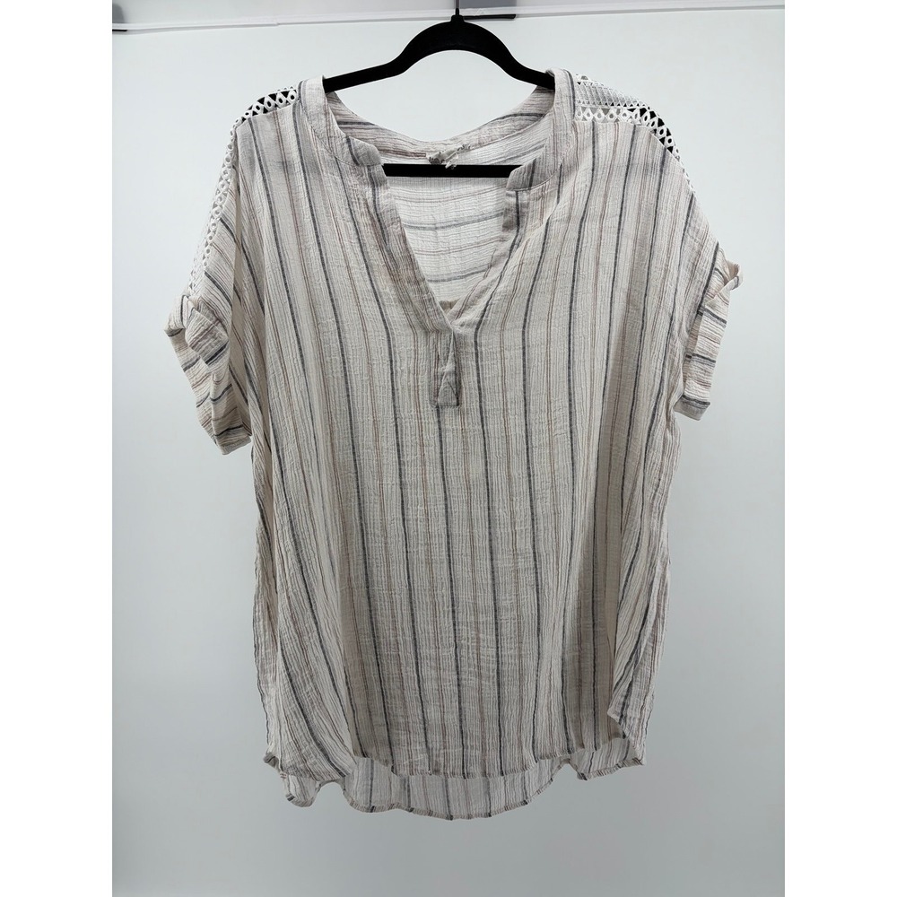 Perch By Blu Striped Linen Blend Shirt Blouse,‎ White/Gray, Short Sleeve, Sz 3X